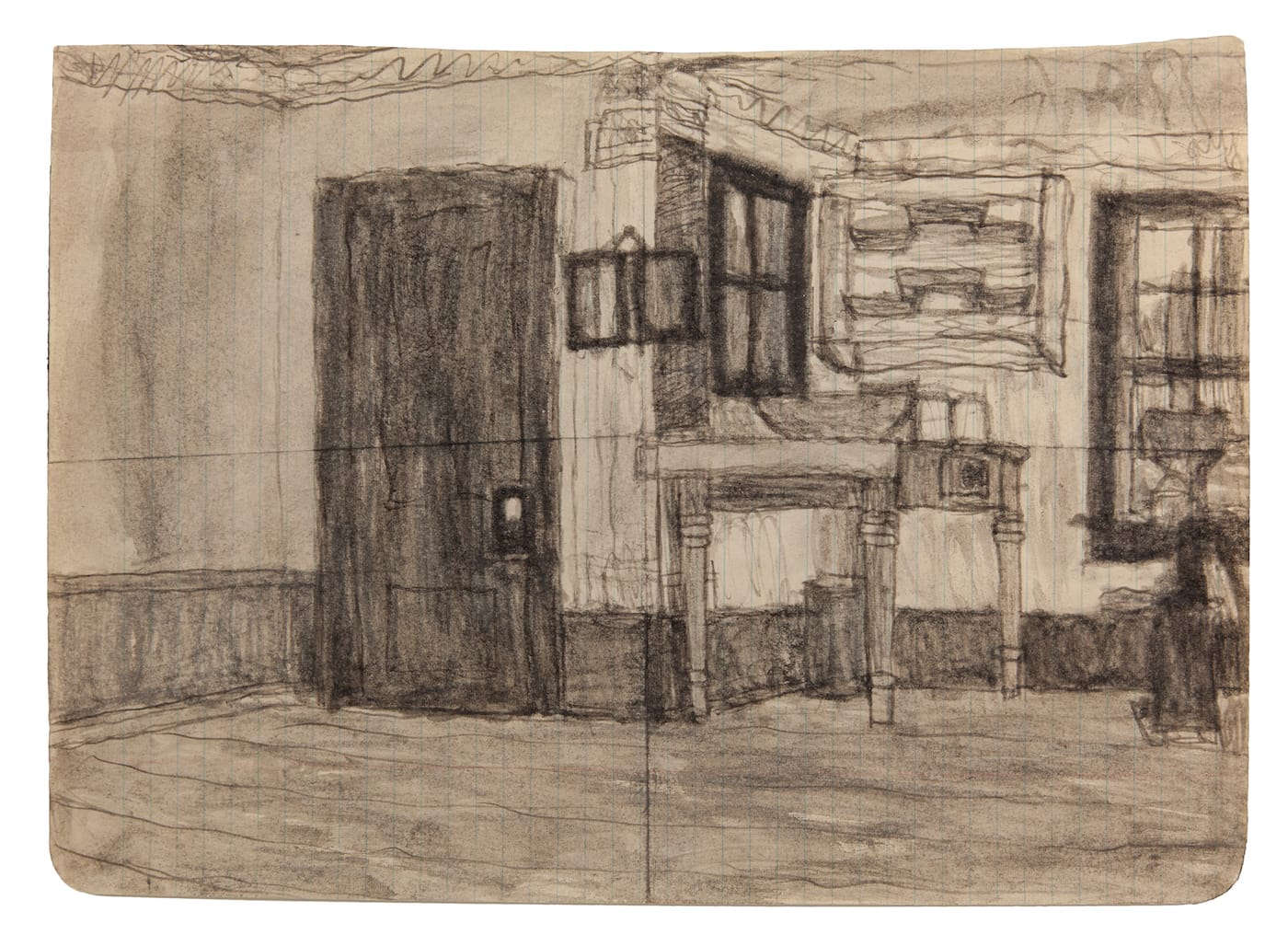 James Charles Castle, "Untitled (kitchen)" (nd), found paper, soot, 7 7/8 x 10 7/8 in (collection of The William Louis-Dreyfus Foundation Inc.; © 2018 James Castle Collection and Archive LP)