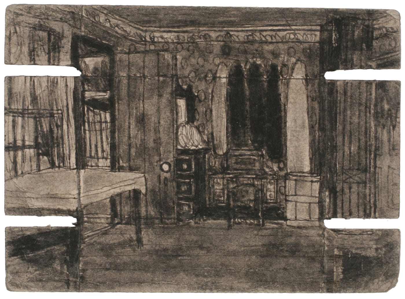 James Charles Castle, "Untitled (patterned room)" (nd), found paper, soot, 5 1/4 x 7 1/4 in (collection of The William Louis-Dreyfus Foundation Inc.; © 2018 James Castle Collection and Archive LP)