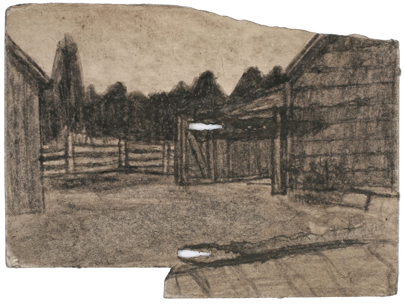James Charles Castle, "Untitled (farmscape)" (nd), found paper, soot, 4 1/4 x 5 3/4 in (collection of The William Louis-Dreyfus Foundation Inc.; © 2018 James Castle Collection and Archive LP)