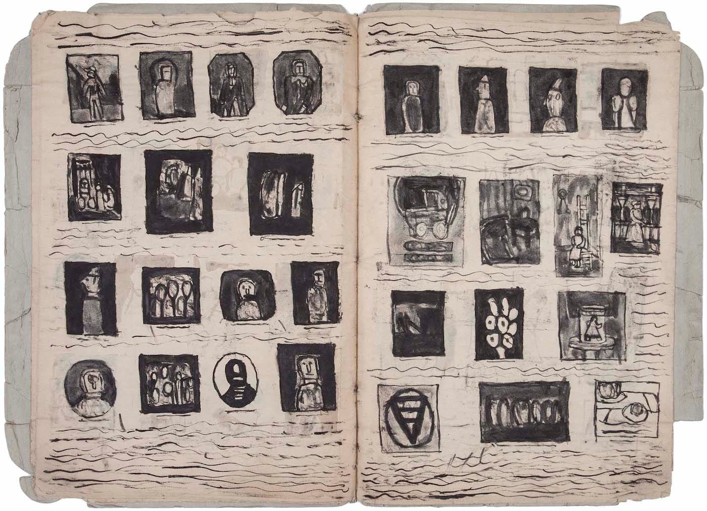 James Charles Castle, "Untitled (abstract title) 28 pps" (nd), found paper, soot, ribbon, 17 3/4 x 12 1/2 in (collection of The William Louis-Dreyfus Foundation Inc.; © 2018 James Castle Collection and Archive LP)