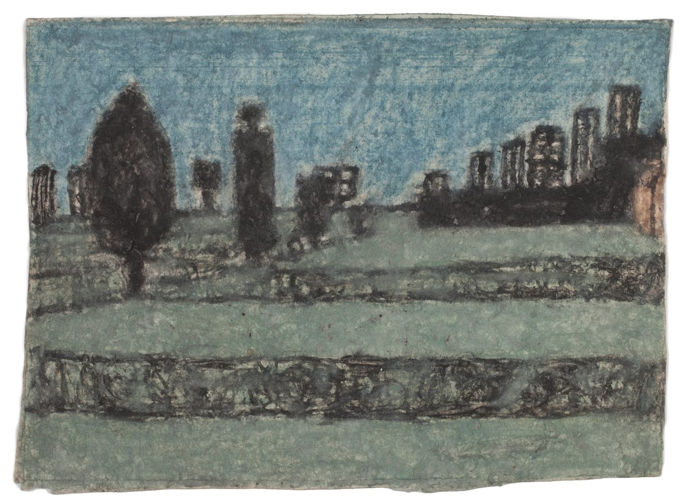 James Charles Castle, "Untitled (landscape with columnar forms)" (nd), found paper, color of unknown origin, soot, 5 x 6 3/4 in (© 2018 James Castle Collection and Archive LP)