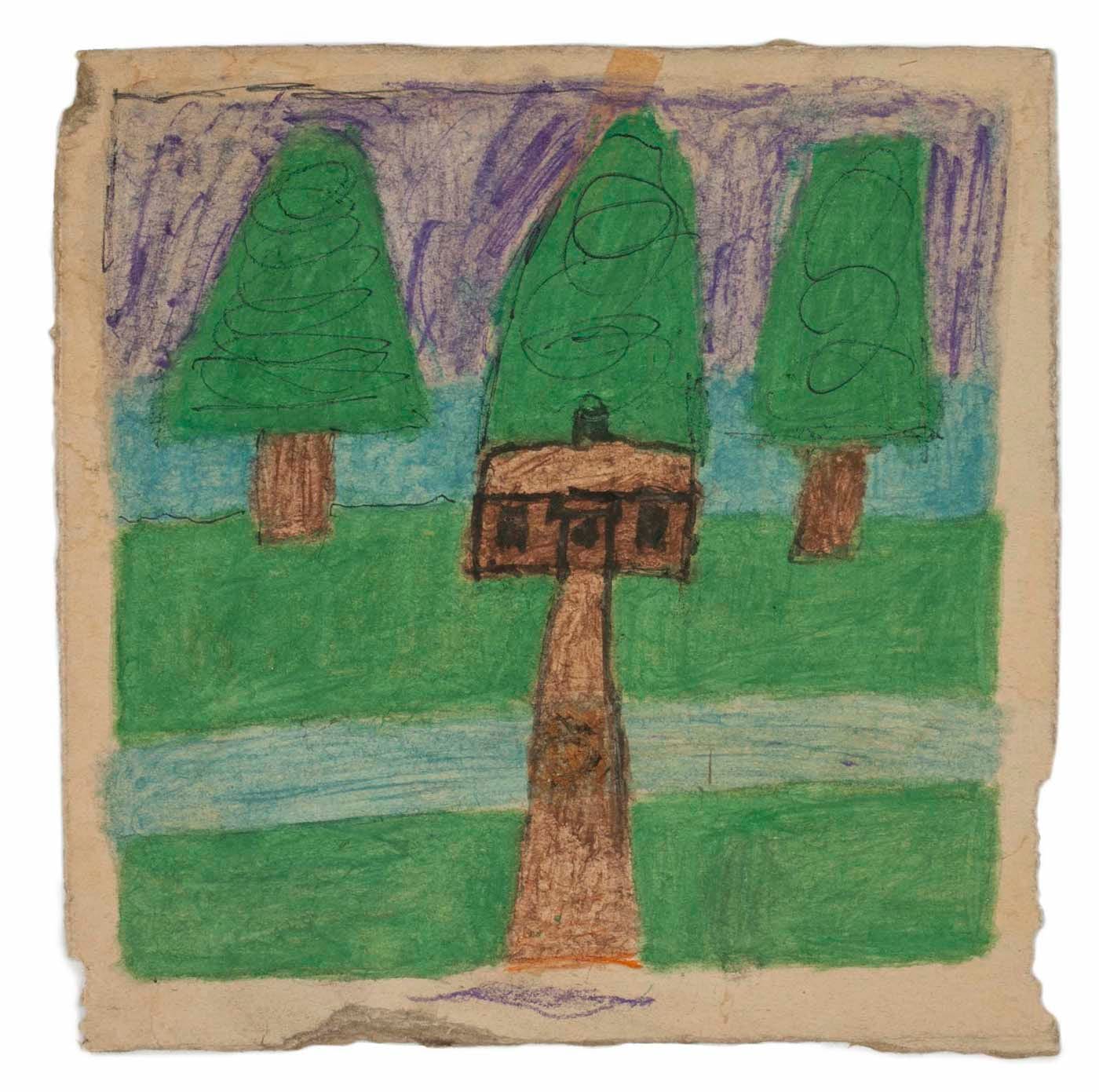 James Charles Castle, "Untitled (house with green trees)" (nd), found paper, color of unknown origin, marker, soot, graphite, 8 x 8 in (© 2018 James Castle Collection and Archive LP)