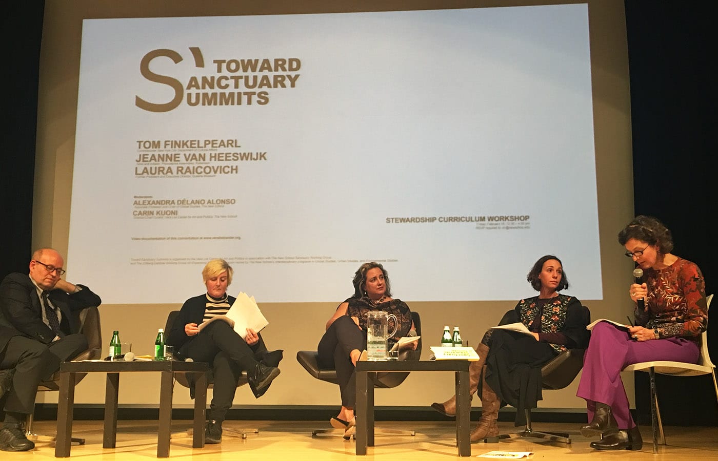 Thursday's Vera List Center panel with, from left to right, Tom Finkelpearl, Jeanne van Heeswijk, Laura Raicovich, Alexandra Délano Alonso, and Carin Kuoni (photo by the author for Hyperallergic)