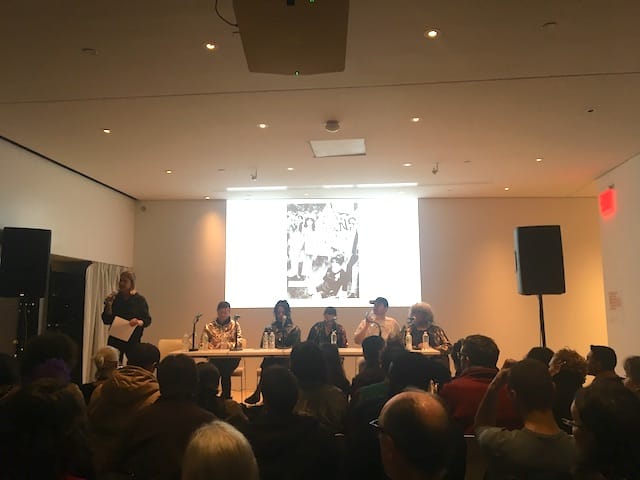 Image: Editor Johanna Burton introduces the panelists, from left to right, editors Reina Gossett (not pictured, but present after the panel started) and Eric A. Stanley, Juliana Huxtable, Che Gossett, Toshio Meronek and Miss Major Griffin-Gracy.