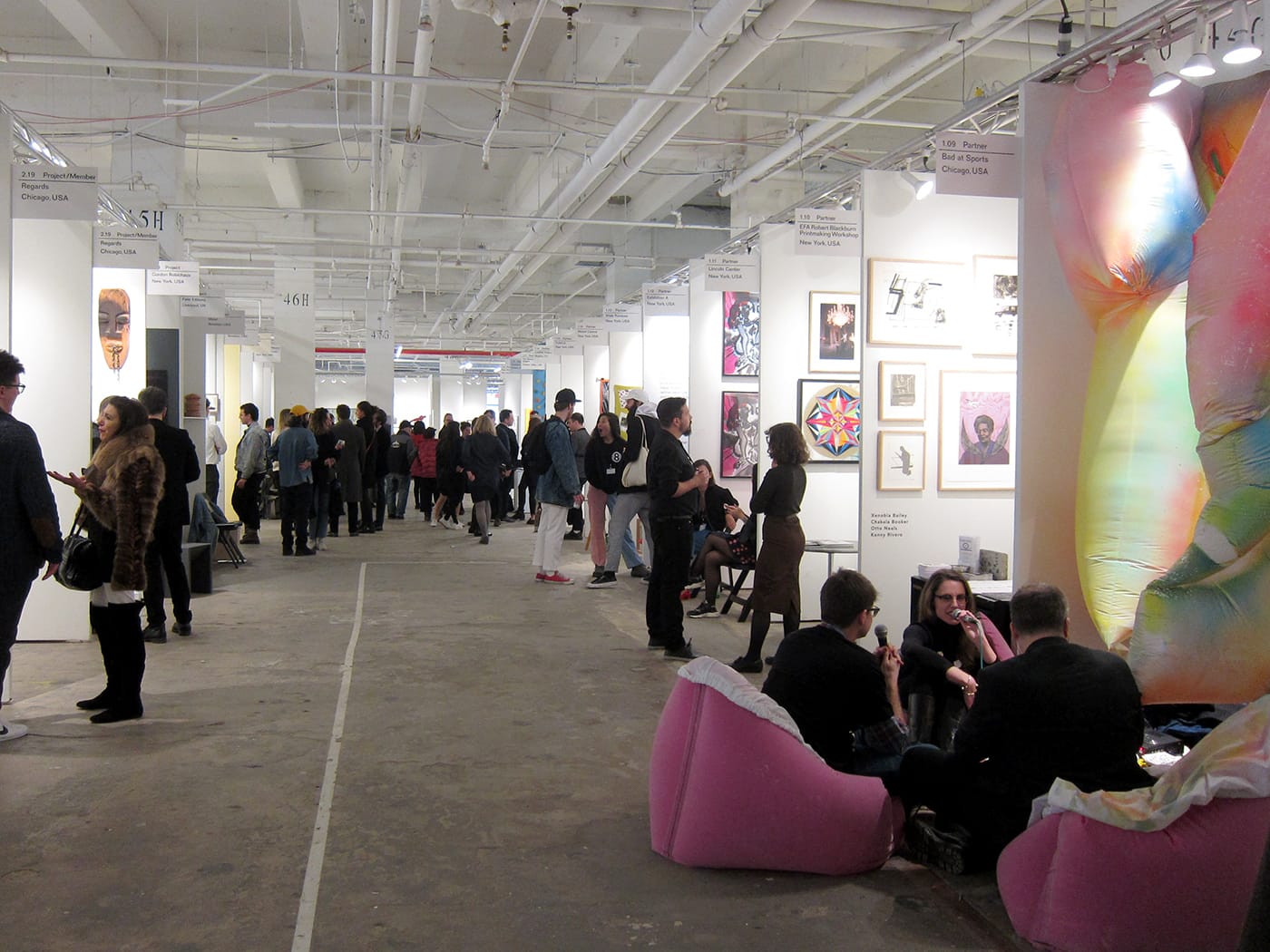 The view at New Art Dealers Alliance (NADA) New York 2017 at Skylight Clarkson North (photo by Claire Voon/Hyperallergic)