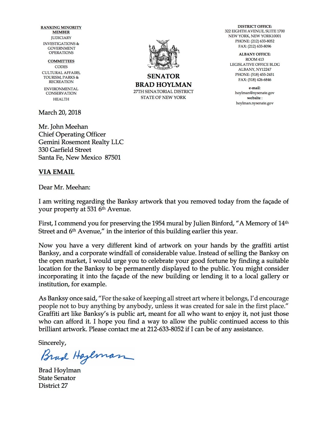 State Senator Brad Hoylman's letter to Gemini Rosemont calling for the public display of the Banksy rat. (courtesy the office of New York State Senator Brad Hoylman) (click to enlarge)
