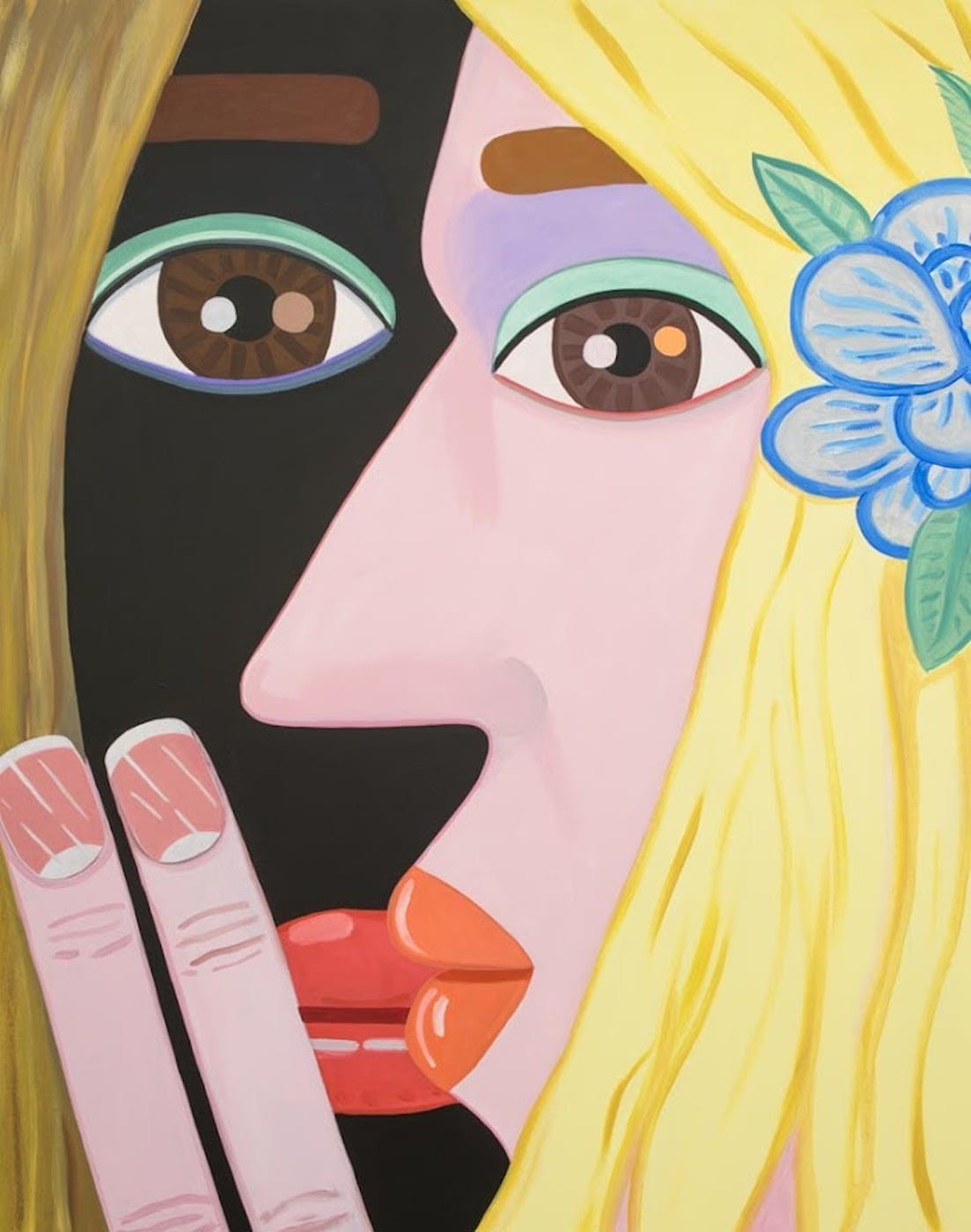 Brian Calvin, "Duet (II)" (2018), acrylic on canvas, 70 x 56 in (courtesy the artist and Anton Kern Gallery)