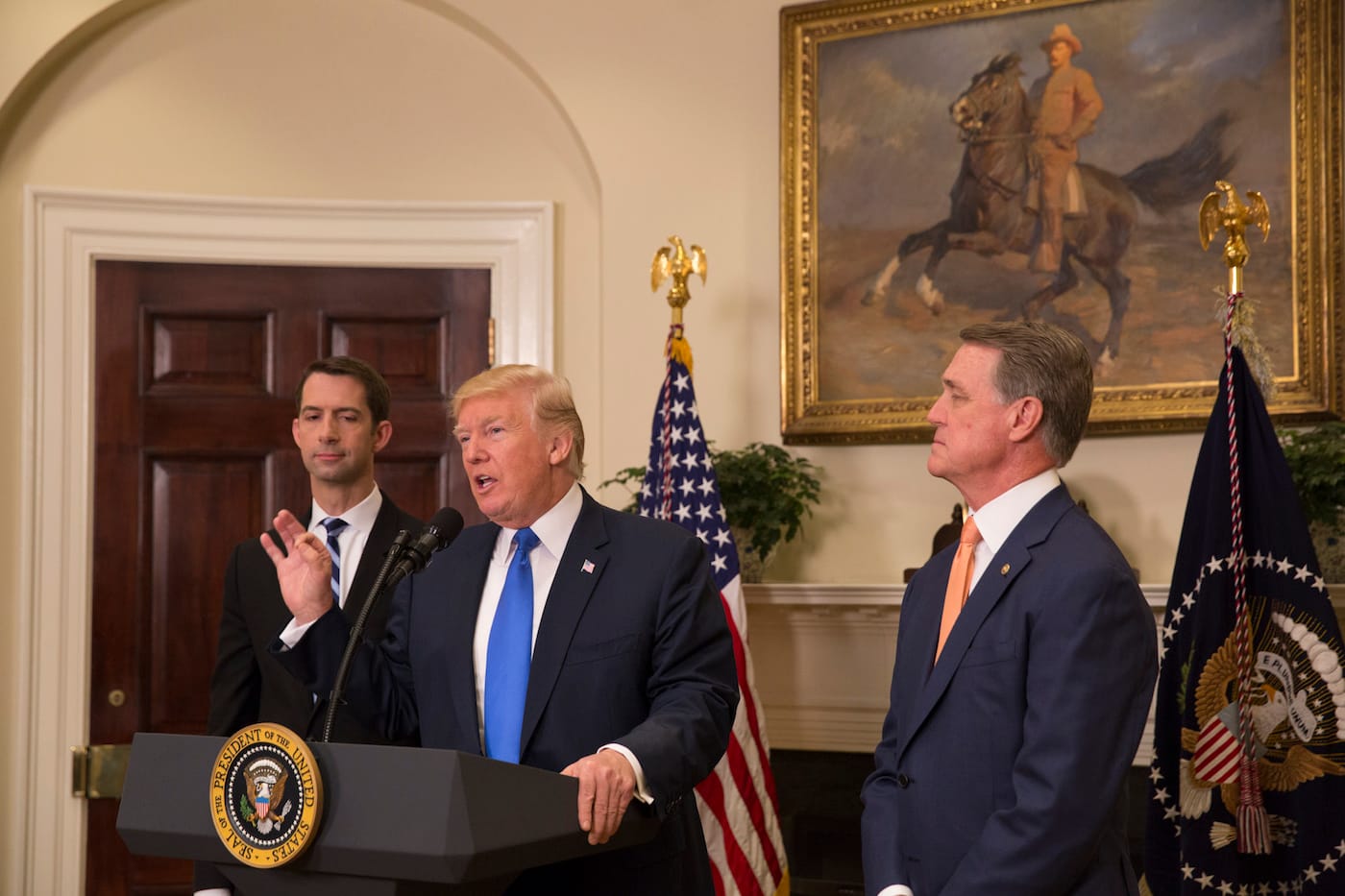 President Trump speaking before an equestrian portrait painting of President Theodore Roosevelt (official White House photo by Andrea Hanks, via Flickr)