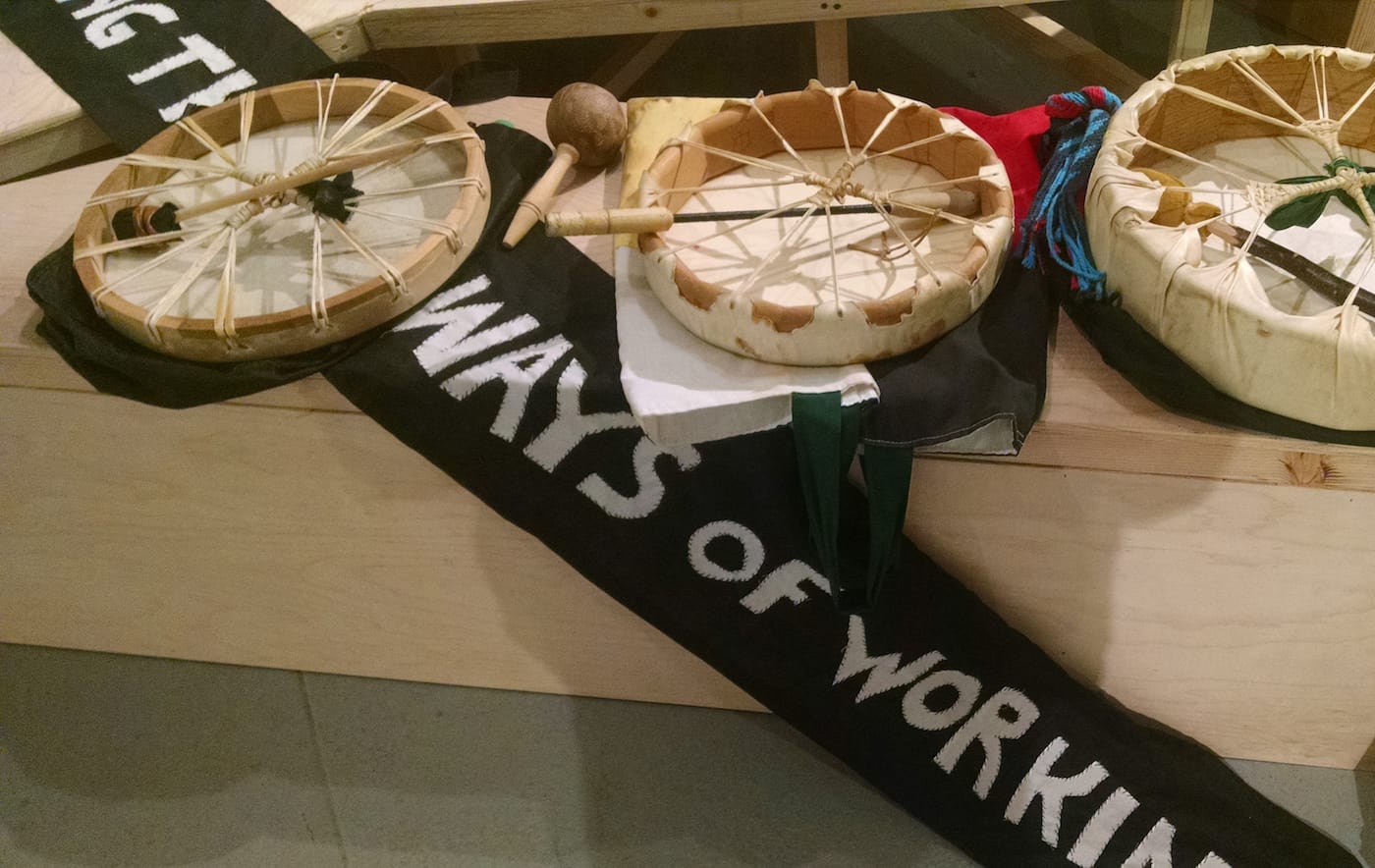 Drums on a triangular bench built by IV Castellanos for "Feet On The Ground," a participatory group performance by Esther Neff, IV Castellanos and Maria Hupfield, 2018. (photo by Crystal Migwans)