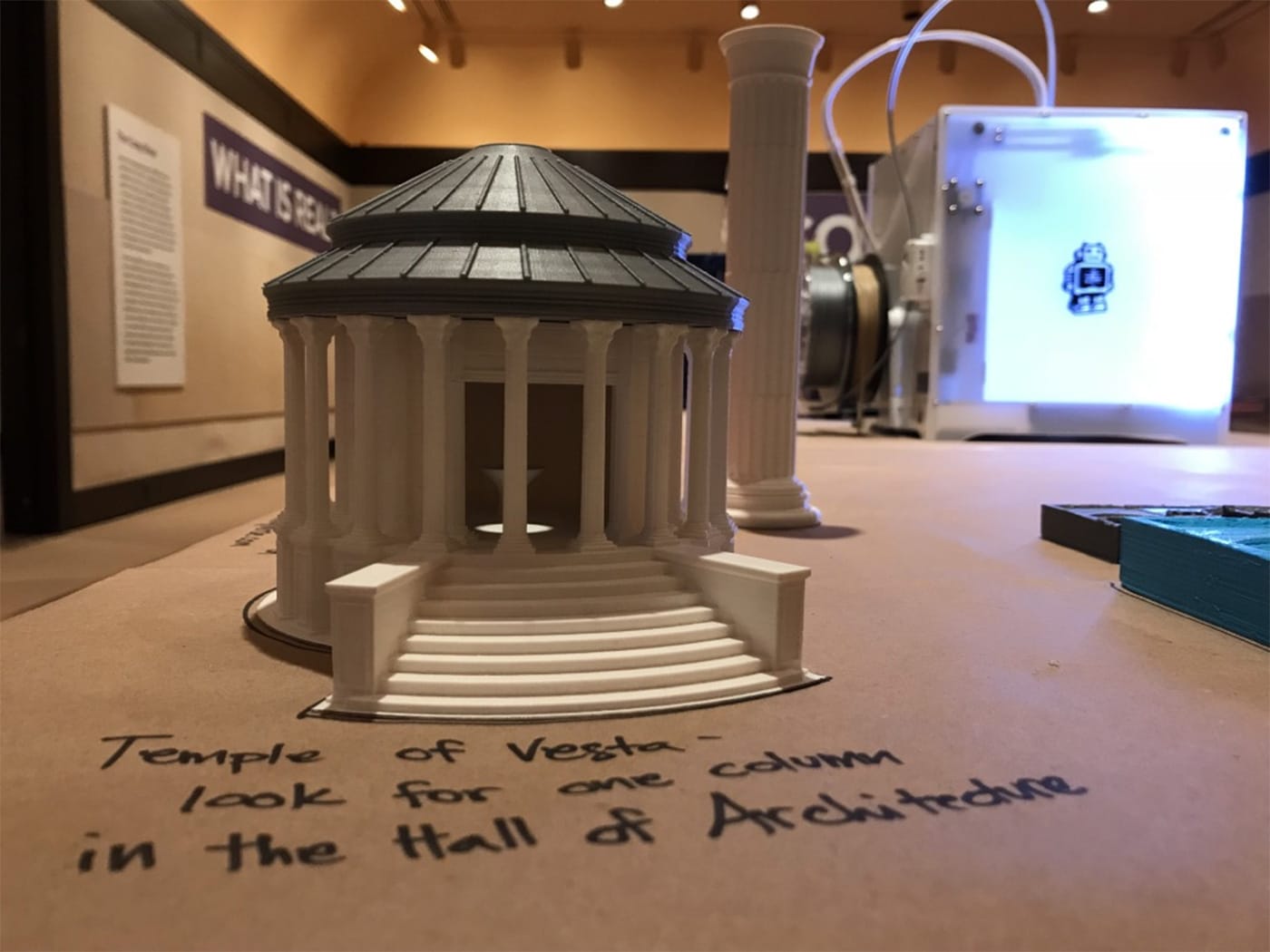 A 3D-printed version of the Temple of Vesta in Rome from within the Copy + Paste 3D printing lab in the architecture gallery at the Carnegie Museum of Art (photo by the author for Hyperallergic)