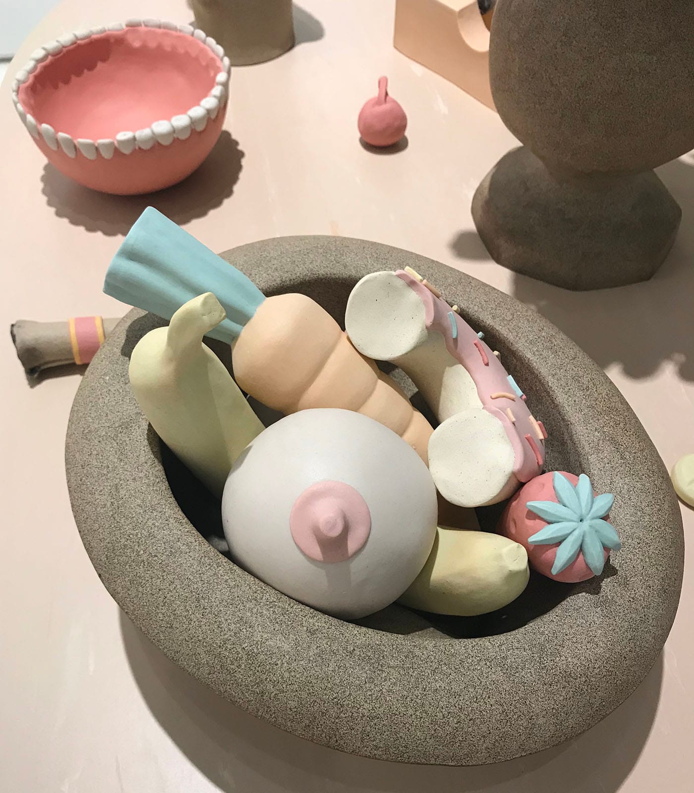 Detail of select ceramic sculptures by Genesis Belanger in the Mrs. Gallery booth