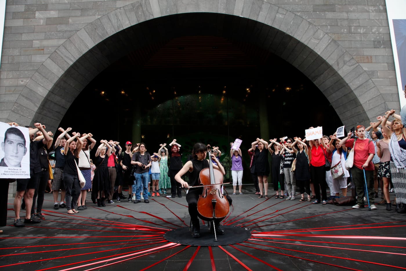 A performance protest organized by the Artists' Committee outside the National Gallery of Victoria (photo by Lara Chamas, courtesy the Artists' Committee)