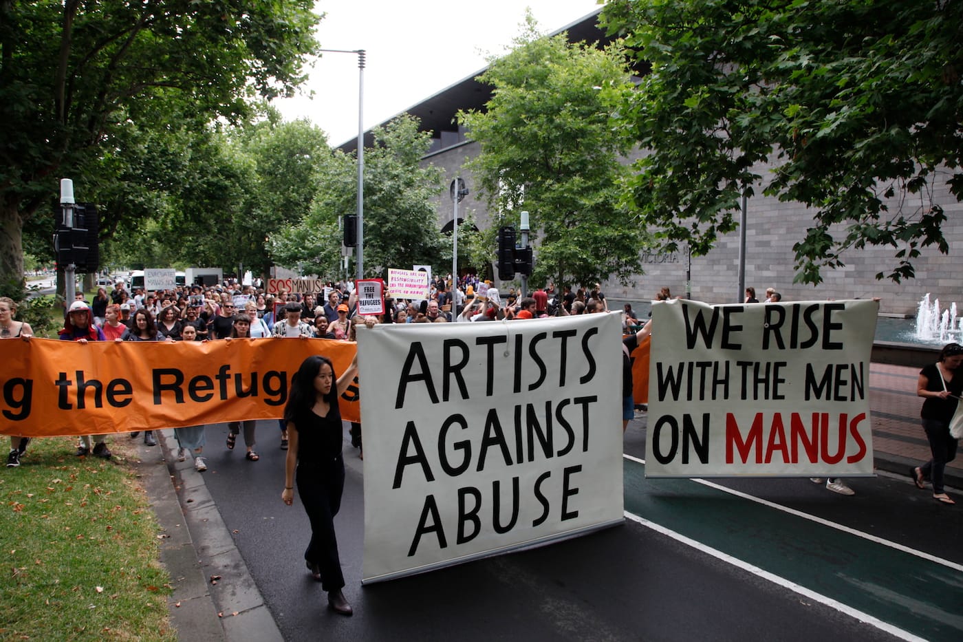 A protest outside the National Gallery of Victoria (photo by Tatjana Plitt, courtesy the Artists' Committee)