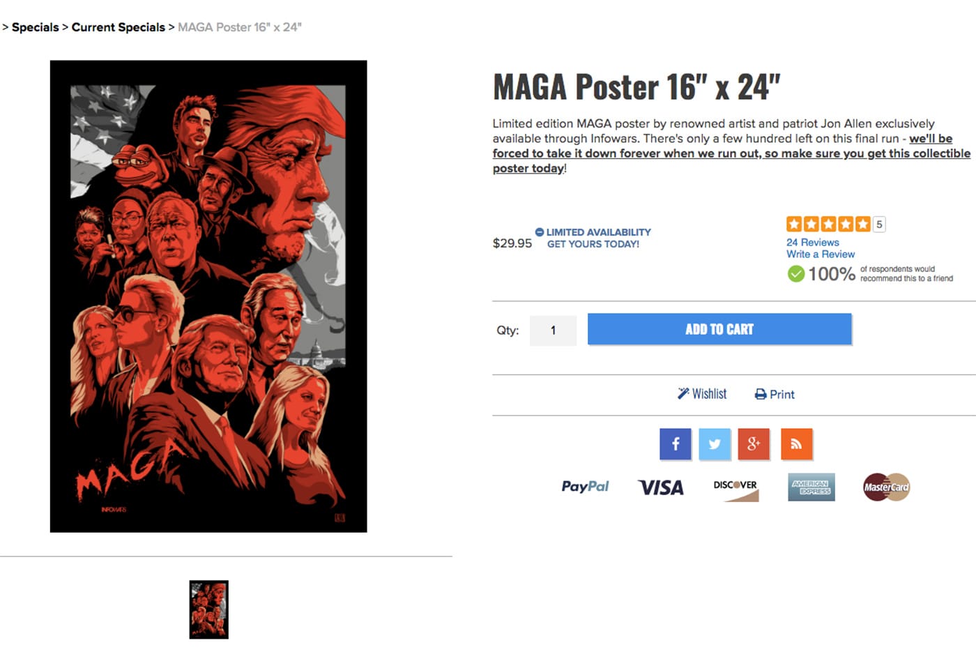 A poster for sale on the InfoWars web store featuring Pepe the Frog (screenshot by the author)