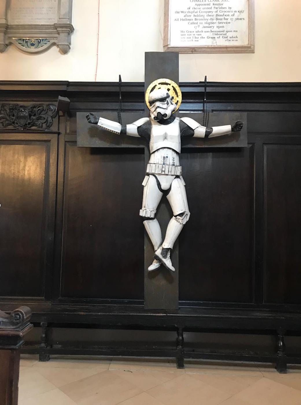 "Stormtrooper Crucifixion" by Ryan Callanan before its removal from a central London church