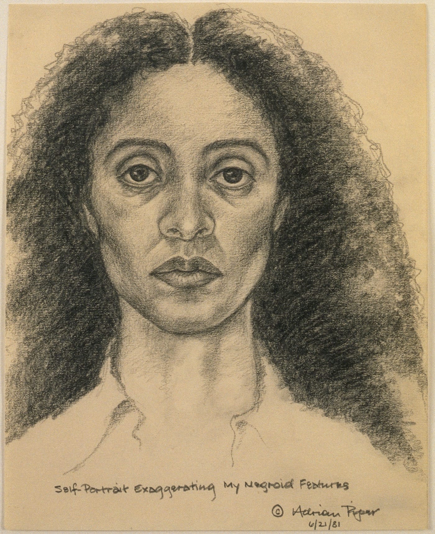Adrian Piper, "Self-Portrait Exaggerating My Negroid Features" (1981), pencil on paper, 10 x 8 in, the Eileen Harris Norton Collection (© Adrian Piper Research Archive Foundation Berlin)