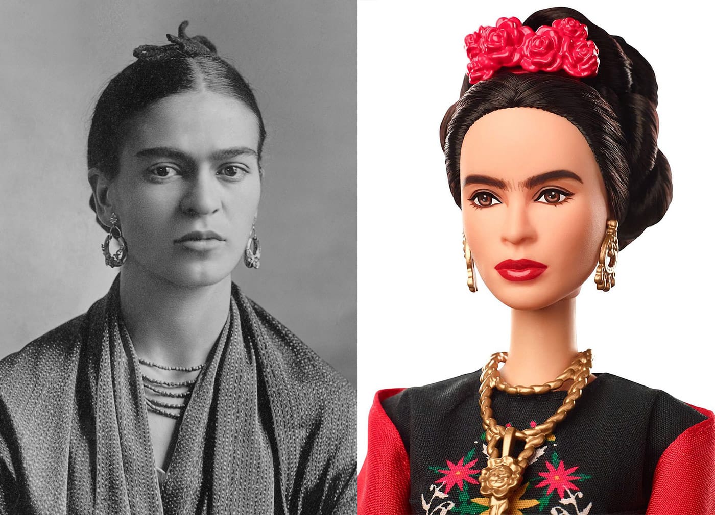 Left: Frida Kahlo in 1932 (photo by Guillermo Kahlo, courtesy Sotheby's, via Wikimedia Commons); right: the Frida Kahlo Barbie doll (courtesy Mattel)