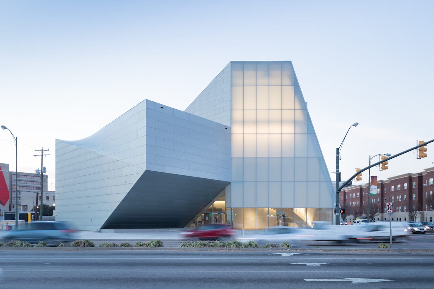 View of the Institute for Contemporary Art at VCU Belvidere Street entrance at dusk (photo by Iwan Baan)