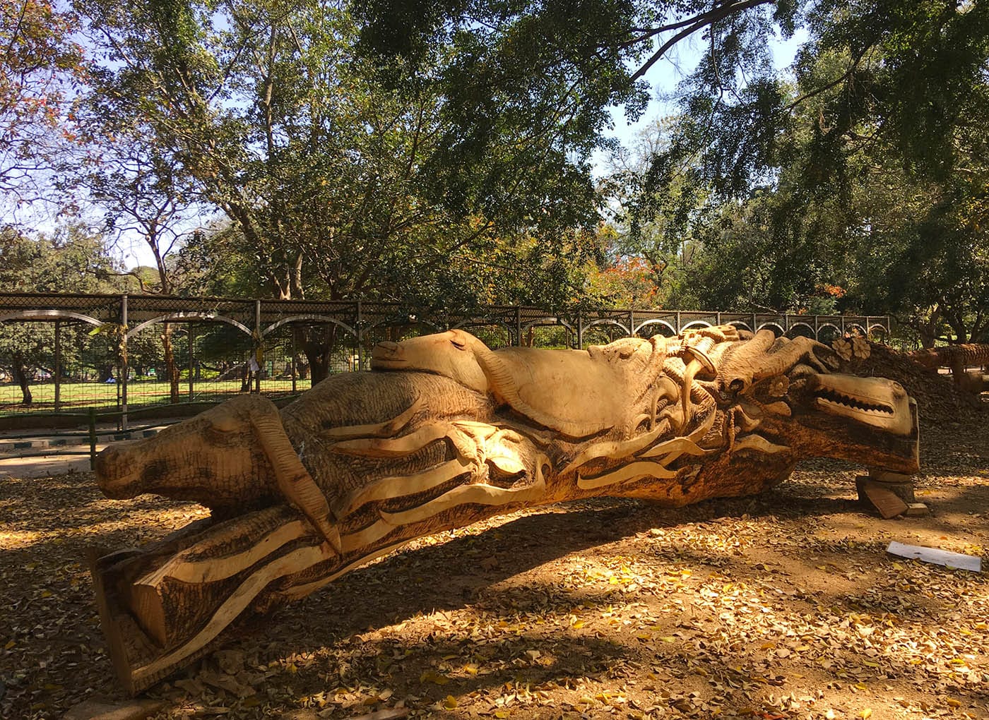 A sculpture carved from the trunk of a felled tree in Lalbagh Botanical Gardens