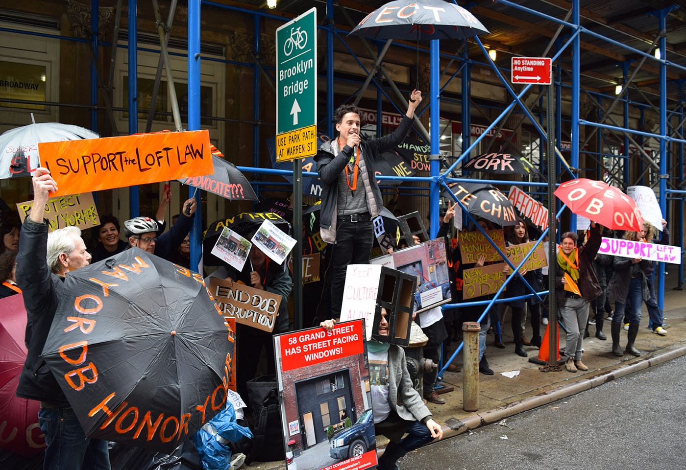 Loft tenants protesting outside the offices of the New York City Department of Buildings at 280 Broadway