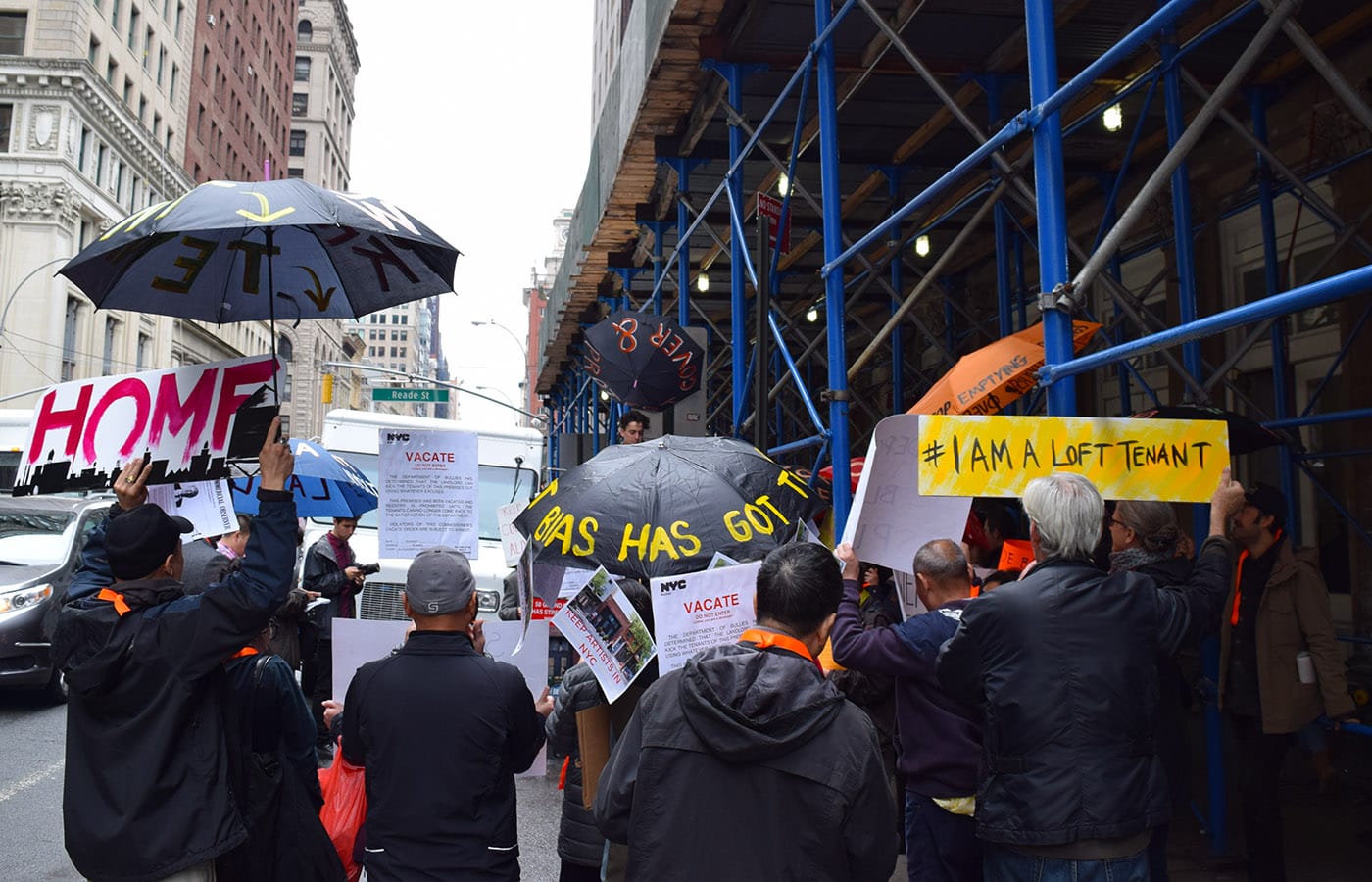 Loft tenants protesting outside the offices of the New York City Department of Buildings at 280 Broadway