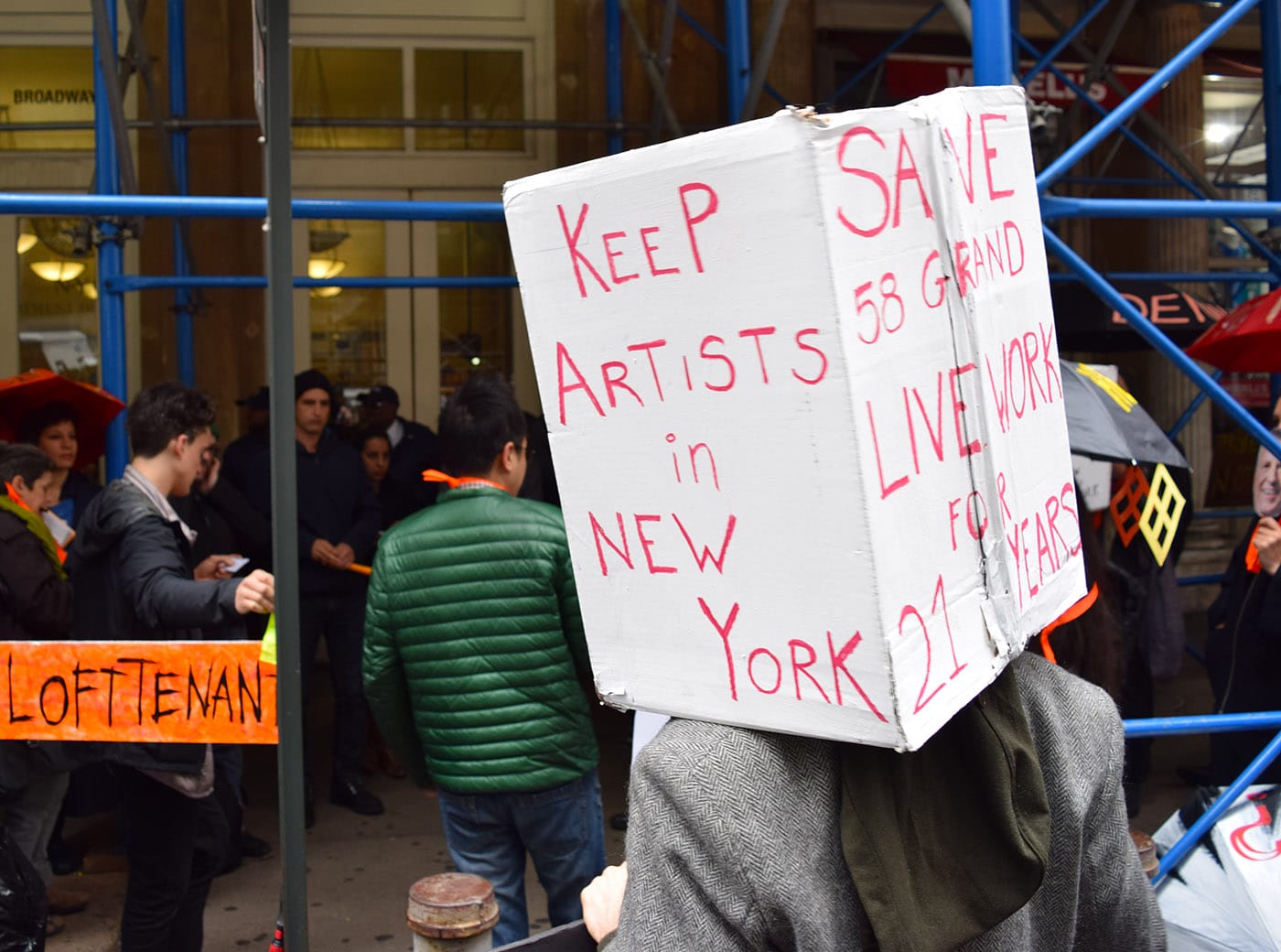 Loft tenants protesting outside the offices of the New York City Department of Buildings at 280 Broadway