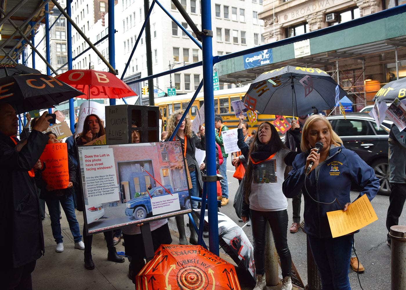 New York State Assemblywoman Maritza Davila speaking at a loft tenant rally outside the offices of the New York City Department of Buildings at 280 Broadway