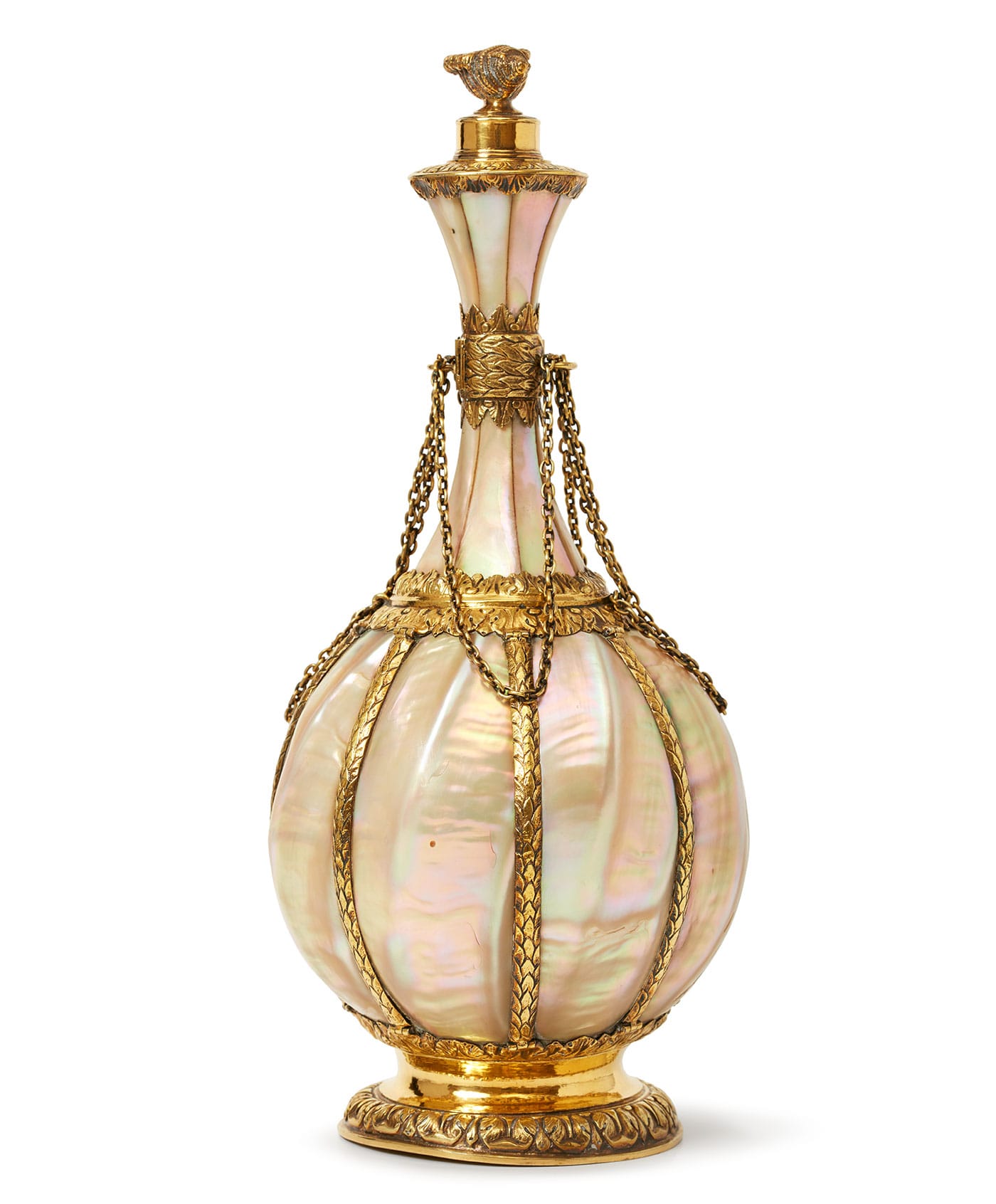 Unknown artists (Gujarati and English), Mother-of-Pearl Flask (first half of the 17th century), with mounts (1650–60), mother-of-pearl from the Turbo marmoratus (assembled in Gujarat), silver gilt (mounted in London) (private collection, London, photo by Jon Stokes)