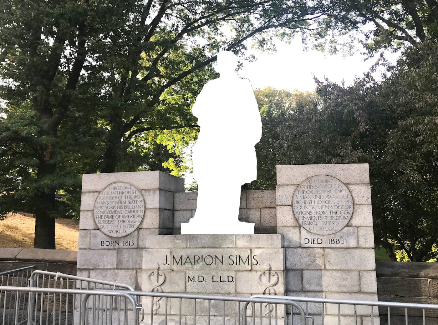The statue of J. Marion Sims has been removed from Central Park (illustration by the author for Hyperallergic)