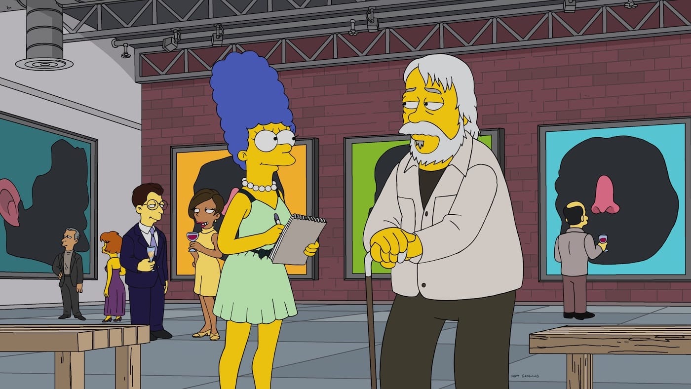 John Baldessari's appearance in episode 13 of season 29 of <em>The SImpsons</em>, "3 Scenes Plus a Tag from a Marriage" (Courtesy The Simpsons ™ and © 2017 TCFFC, all rights reserved, via WikiSimpsons)