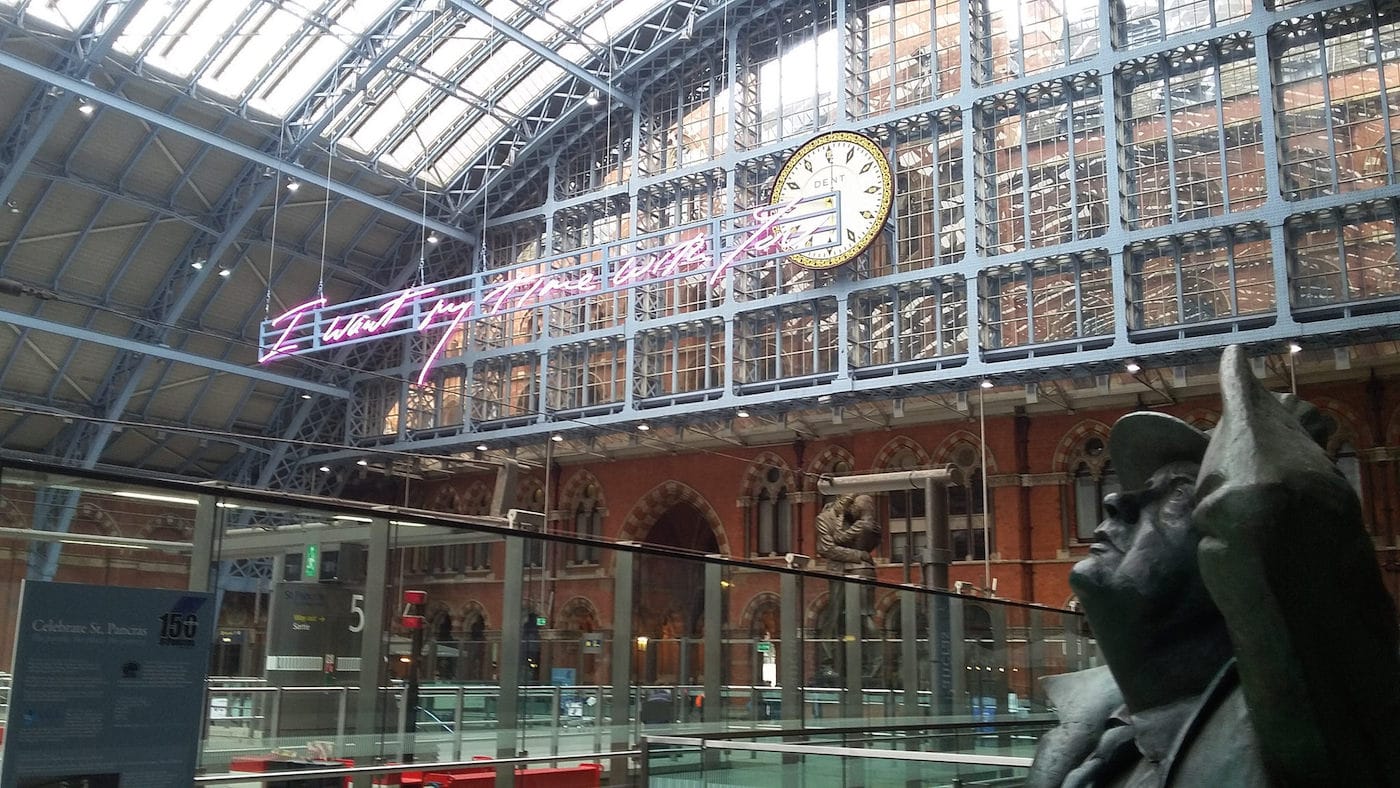 Tracey Emin, "I Want My Time With You" (2018), in St. Pancras station in London (photo by Luke McKernan, via Flickr)