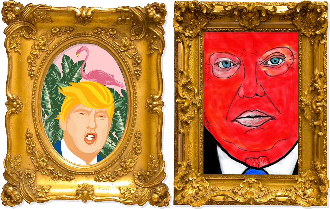 Submissions by Lauren Hughes (left) and Rosie O'Donnell to Crooked Media's Trump portrait contest
