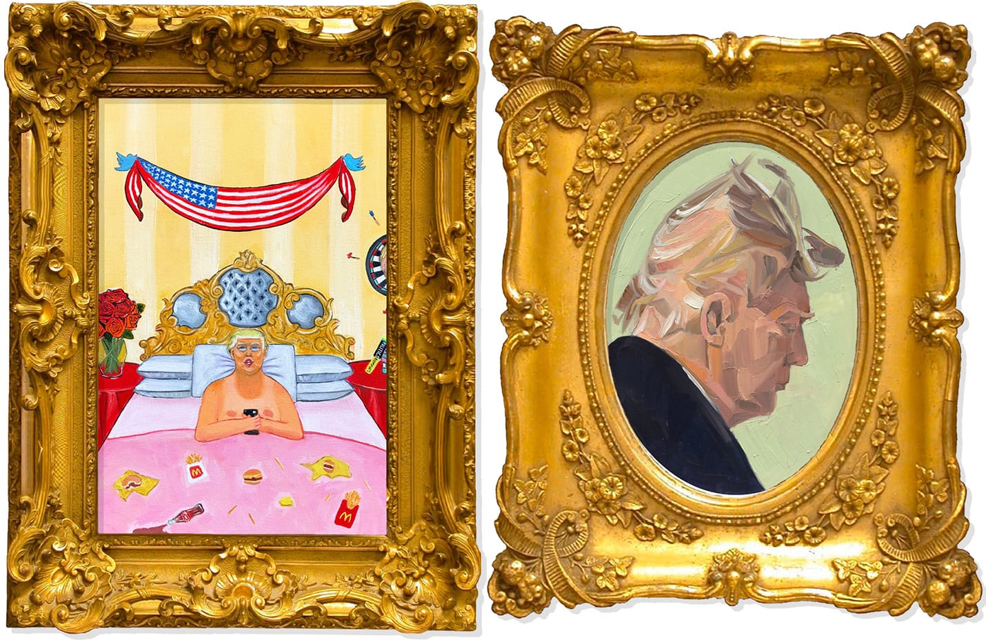 Submissions byOlivia Wolfe (left) and Lauren Kaelin (right) to Crooked Media's Trump portrait contest