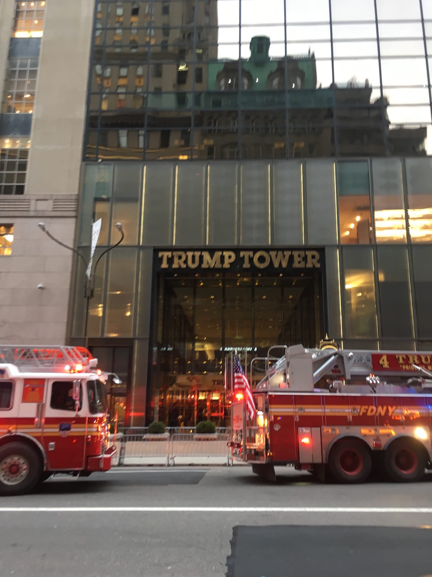 Fire trucks outside Trump Tower on Saturday, April 7 (photo by oinonio, via Flickr)