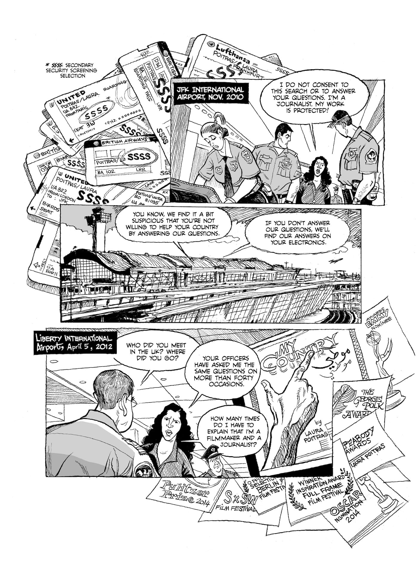 Laura Poitras, director of Citizenfour (2014), being routinely stopped at airports in a page from chapter 5 of Verax