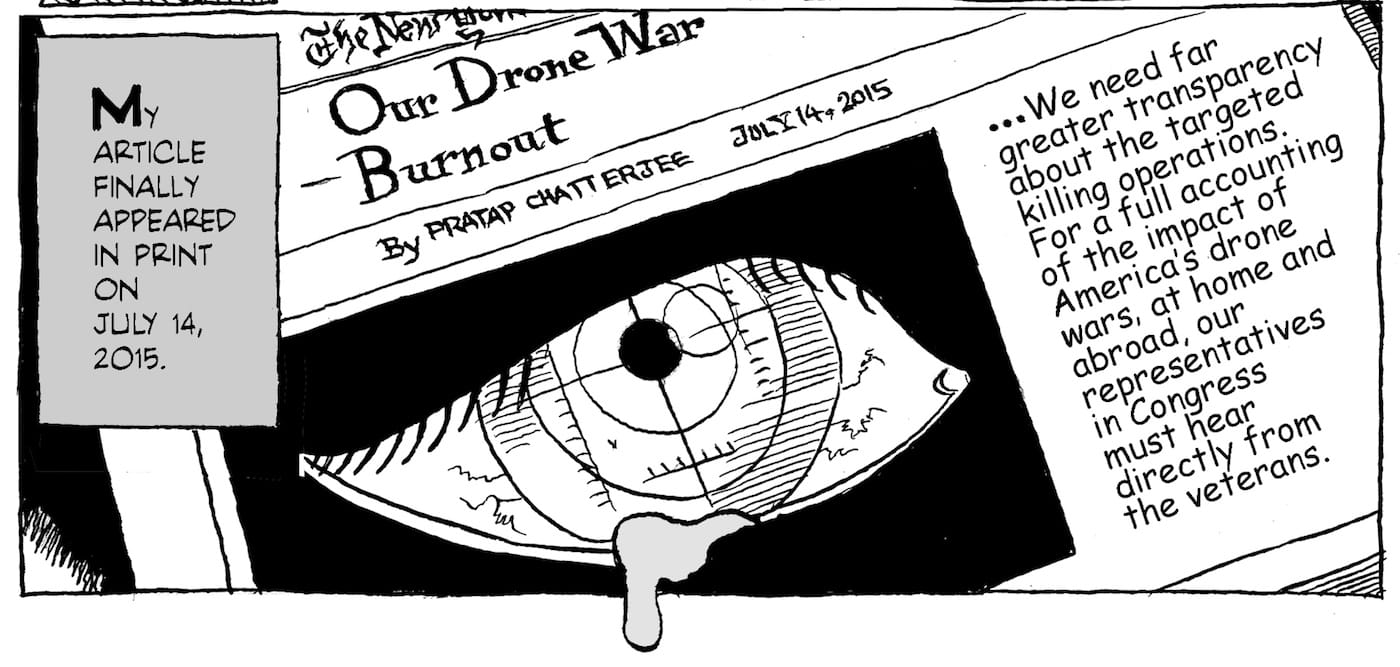 Khalil's illustration of a New York Times article by Pratap Chatterjee in chapter 14 of Verax