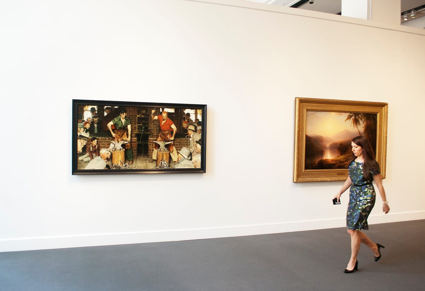 Norman Rockwell's "Shaftsbury Blacksmith Shop" and Frederic Church's "Valley of Santa Isabel, New Granada" on display at Sotheby's on auction day (al photos by the author for Hyperallergic)