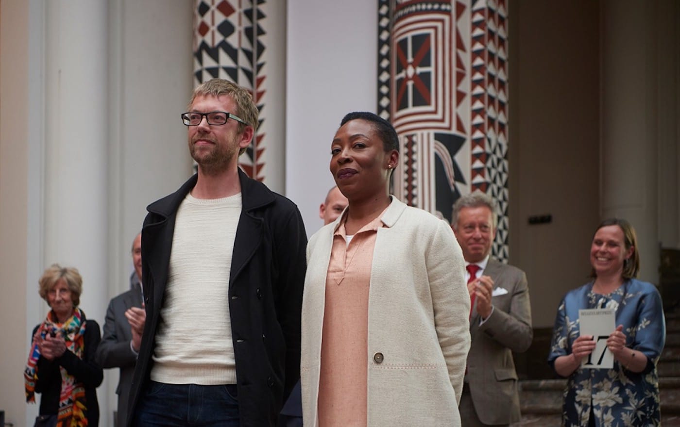 Otobong Nkanga (right), winner of the 2017 BelgianArtPrize; and Maarten Vanden Eynde (left), 2017 ING Public Prize winner (photo © Yannick Sas)