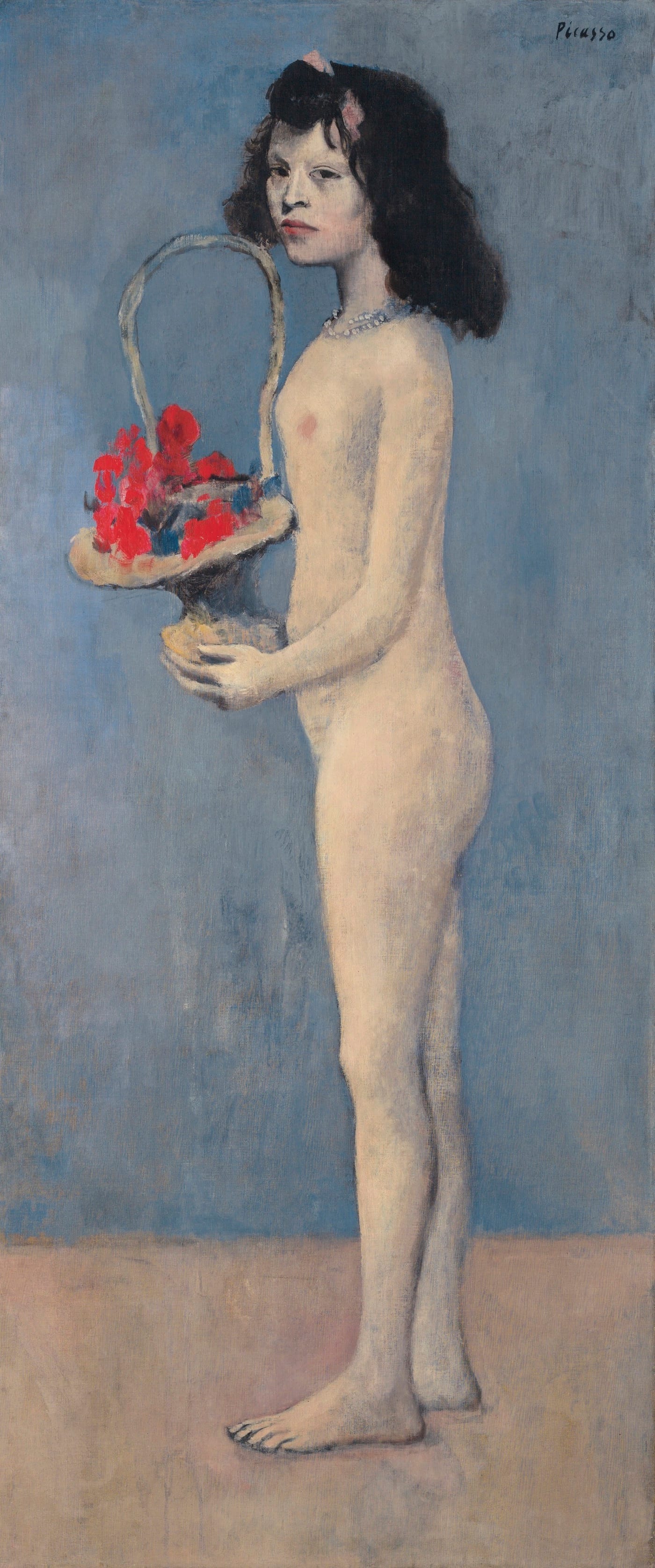 Pablo Picasso, "Fillette à la corbeille fleurie" (1905), oil on canvas, 60 7/8 x 26 in, pre-sale estimate in the region of $100 million; price realized: $115,000,000