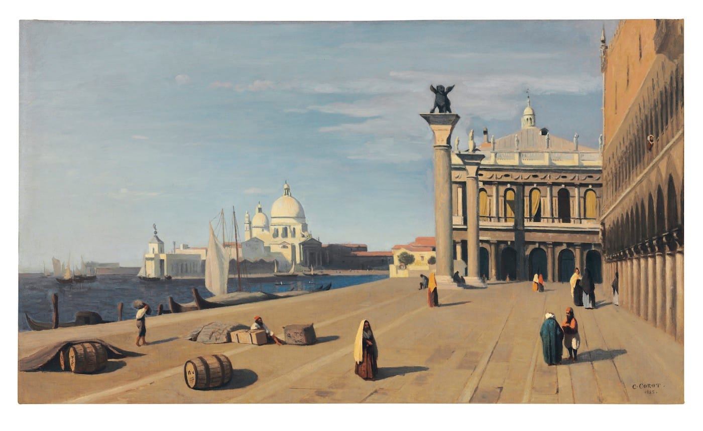 Jean-Baptiste-Camille Corot, "Venise, vue du Quai des Esclavons" (1845), oil on canvas, 18 3/4 x 32 1/4 in, pre-sale estimate $8,000,000–12,000,000; price realized: $9,009,844