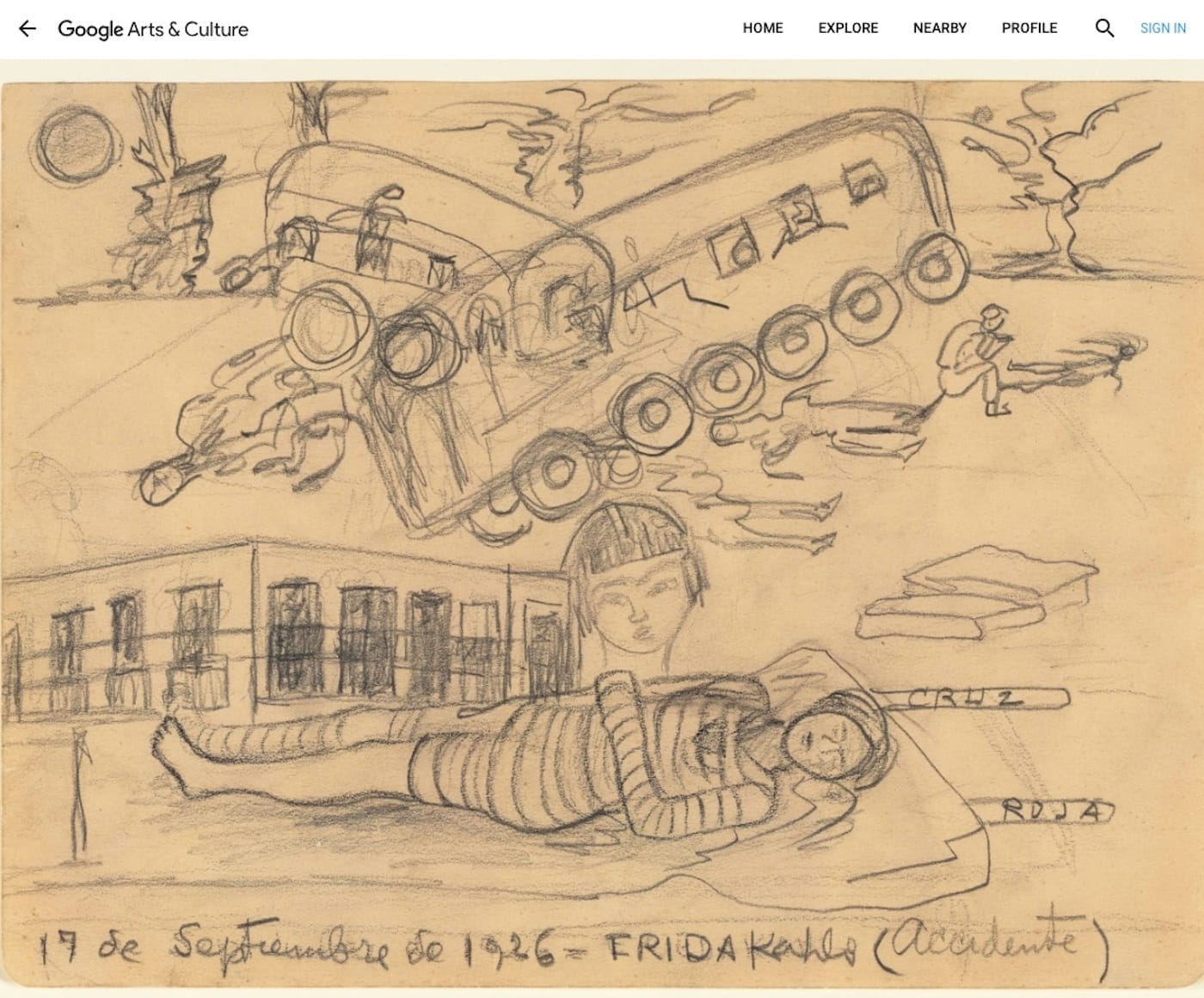Screenshot of <em>Faces of Frida</em> featuring a 1926 sketch by Frida Kahlo depicting her nearly-fatal accident