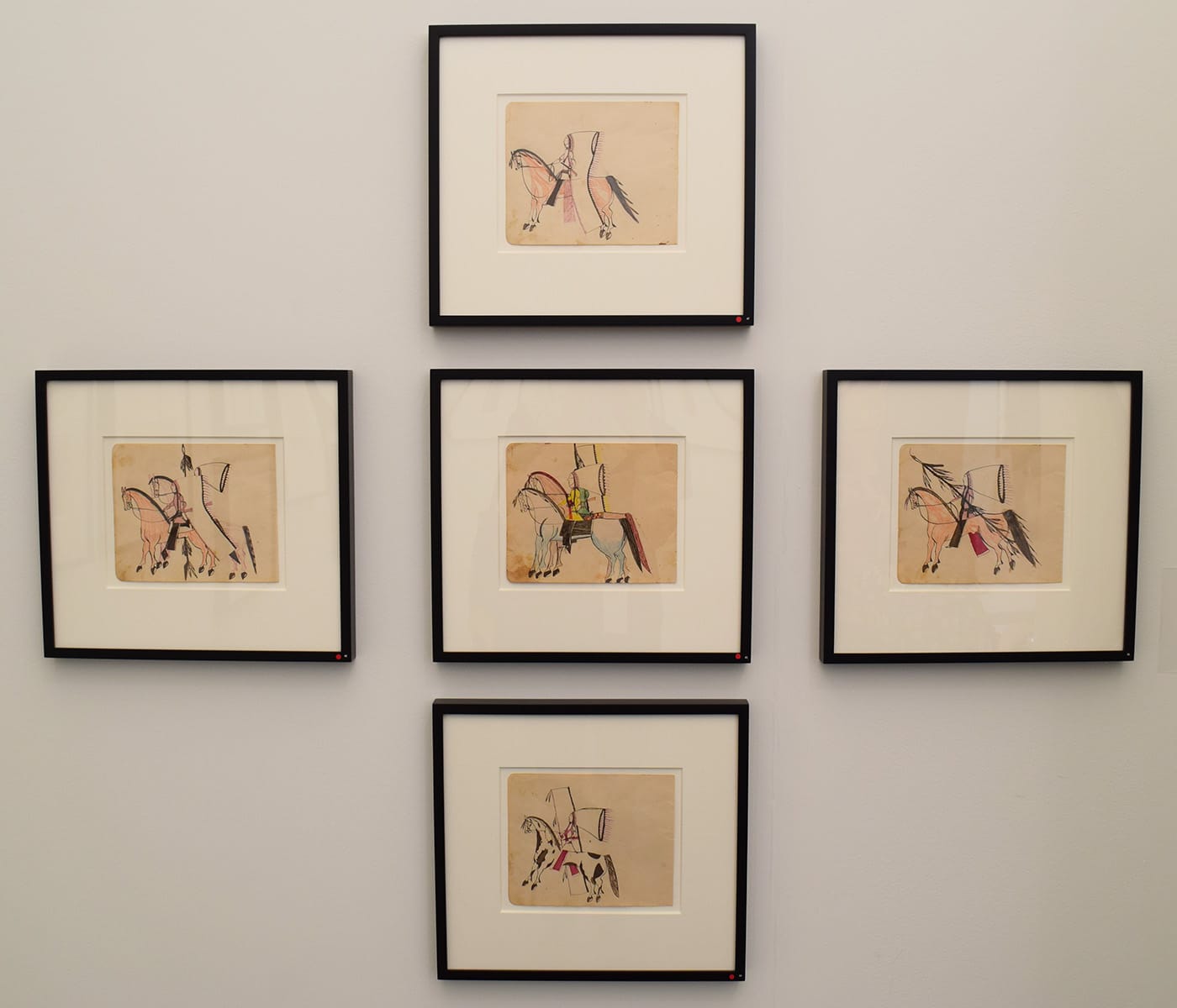 Ledger drawings by the Lakota artist Oliver Good Shield (aka Oliver Newton) in the Donald Ellis Gallery booth at Frieze New York