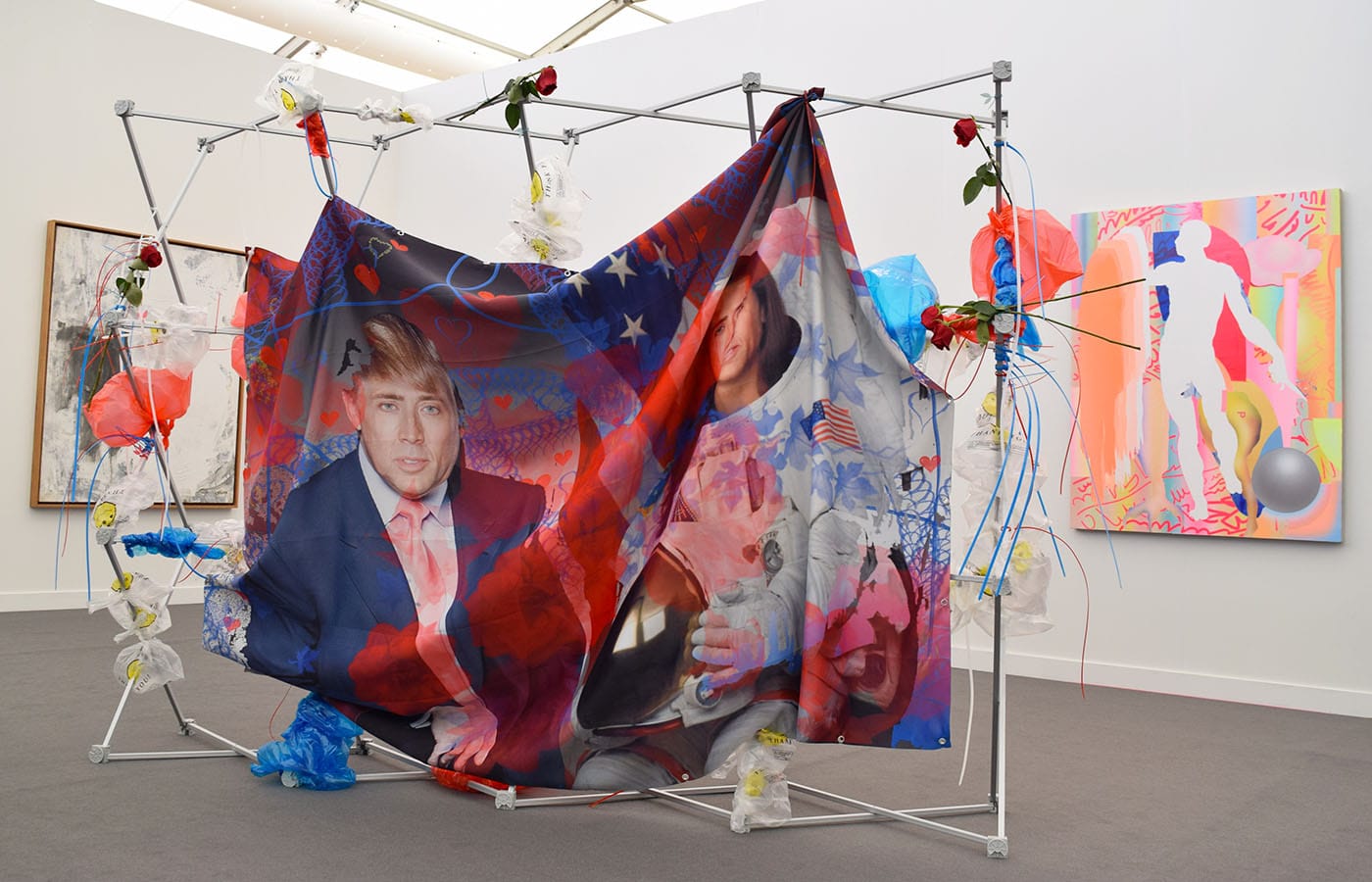 Miao Ying, "Satie bought seven identical velvet suits complete with matching hats that he wore uninterruptedly for seven years" (2018) in the Boers-Li Gallery booth at Frieze New York