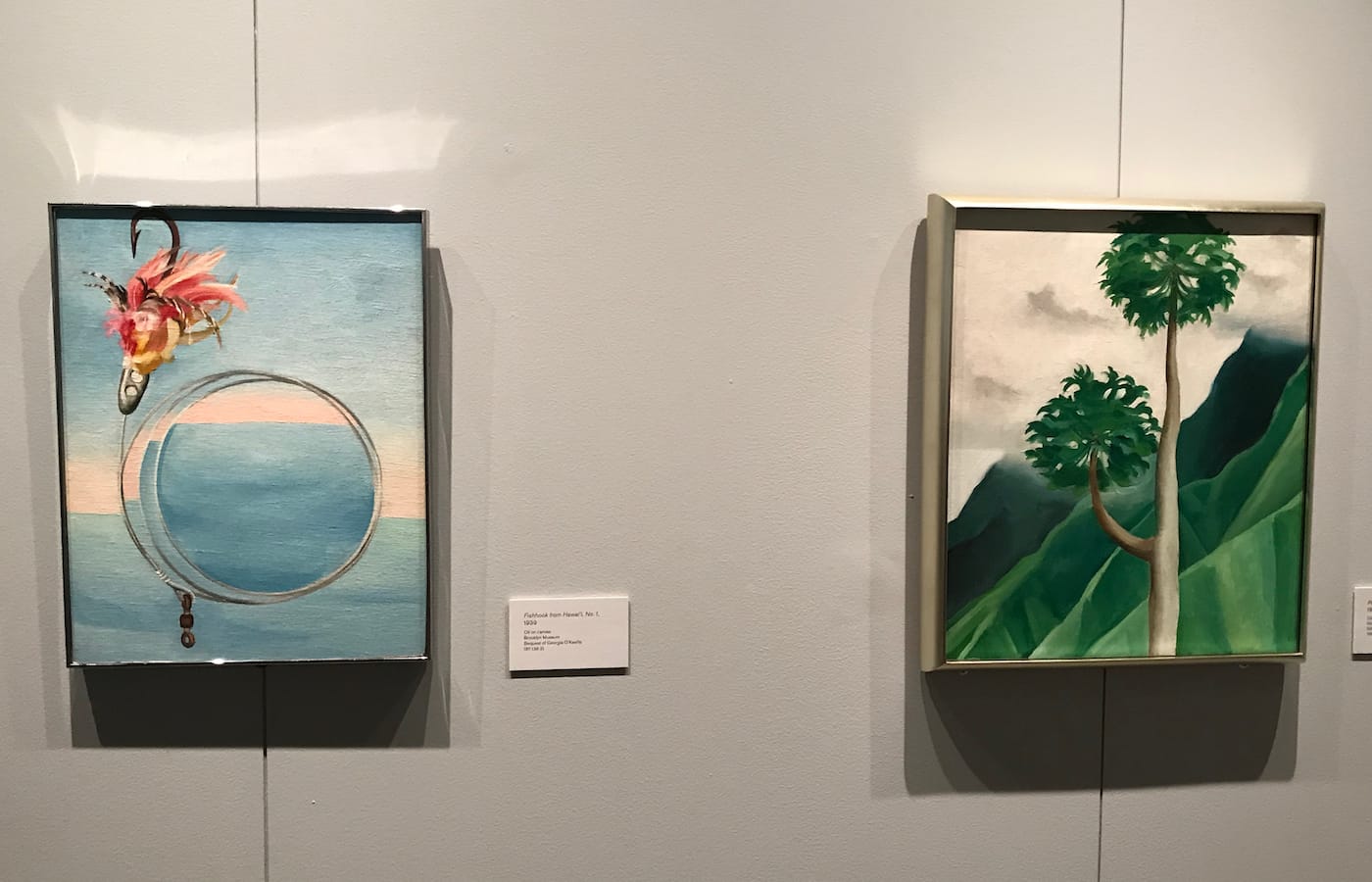 Georgia O'Keeffe, "Fishhook from Hawai’i No. 1" and "Papaya Tree" (both 1939)