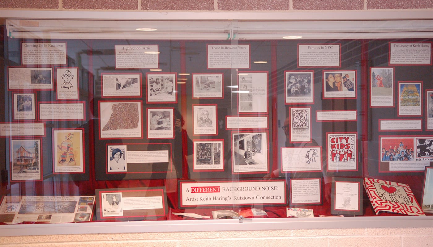A display case at Kutztown Middle School devoted to Keith Haring