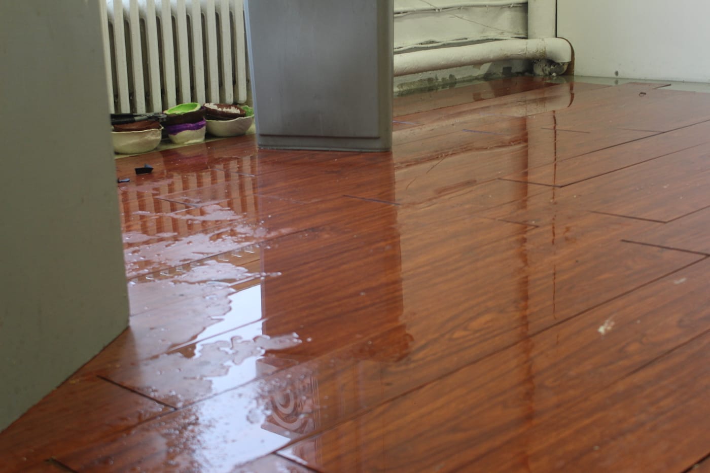 Water damage to Ilana Harris-Babou's studio in Prentis Hall during her time in the Columbia MFA program (photo courtesy Ilana Harris-Babou)
