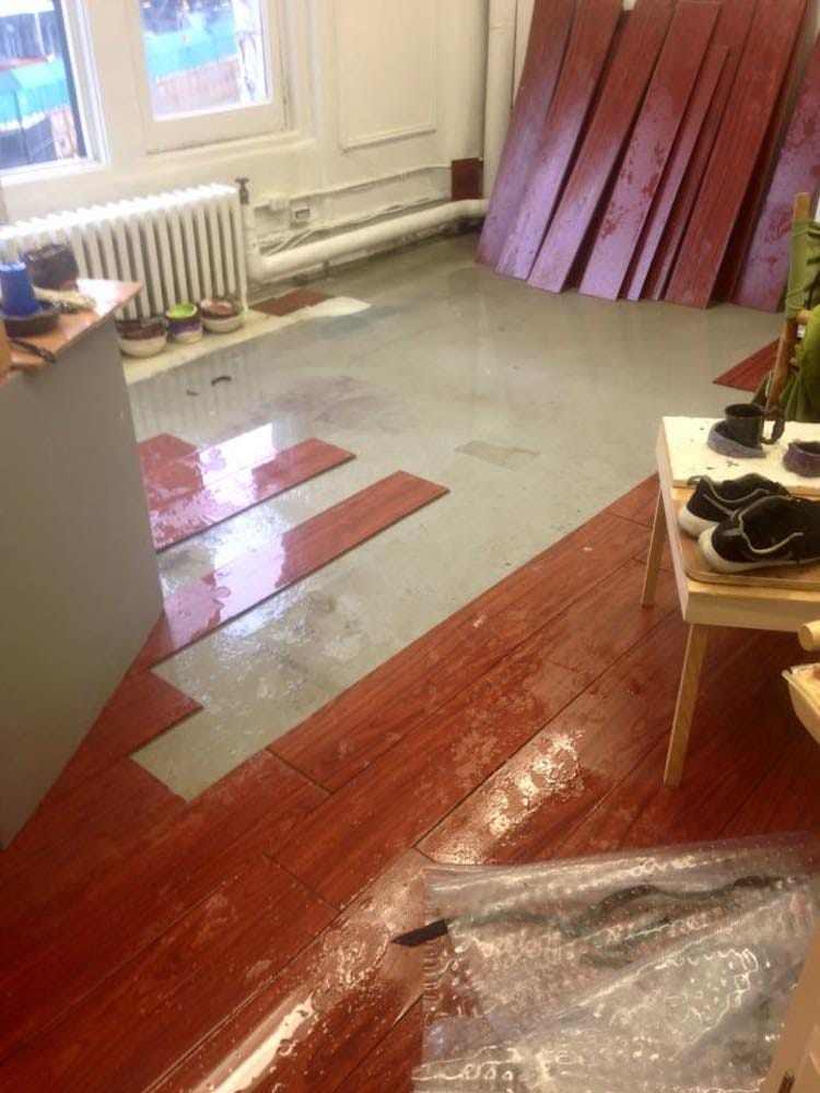 Water damage to Ilana Harris-Babou's studio in Prentis Hall during her time in the Columbia MFA program (photo courtesy Ilana Harris-Babou)
