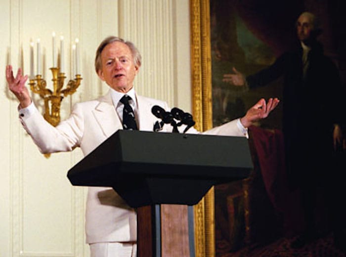 Tom Wolfe participating in an event at the White House organized by Laura Bush in 2004 (photo by Susan Sterner, via Wikimedia Commons)