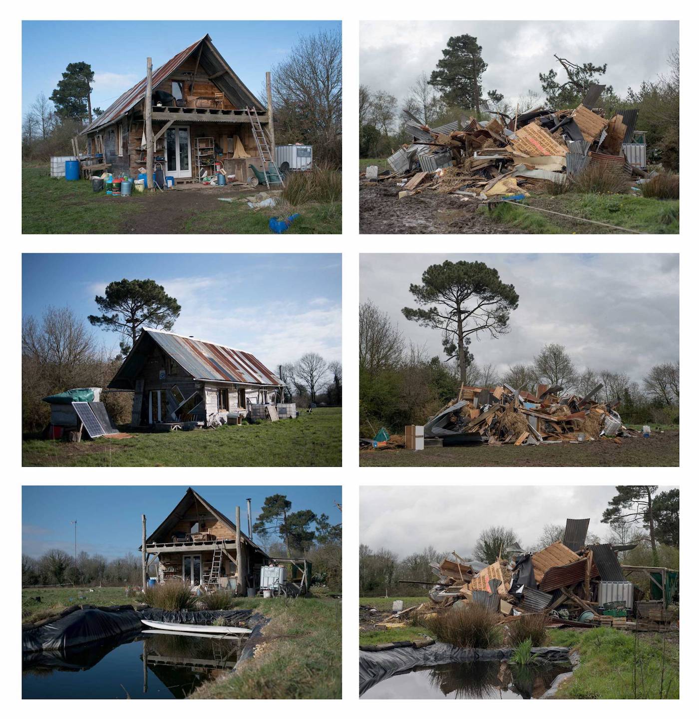 Before and after photos of houses in the ZAD following last month's eviction raids (photos by Penelope Thomaidi, courtesy ZAD Forever)