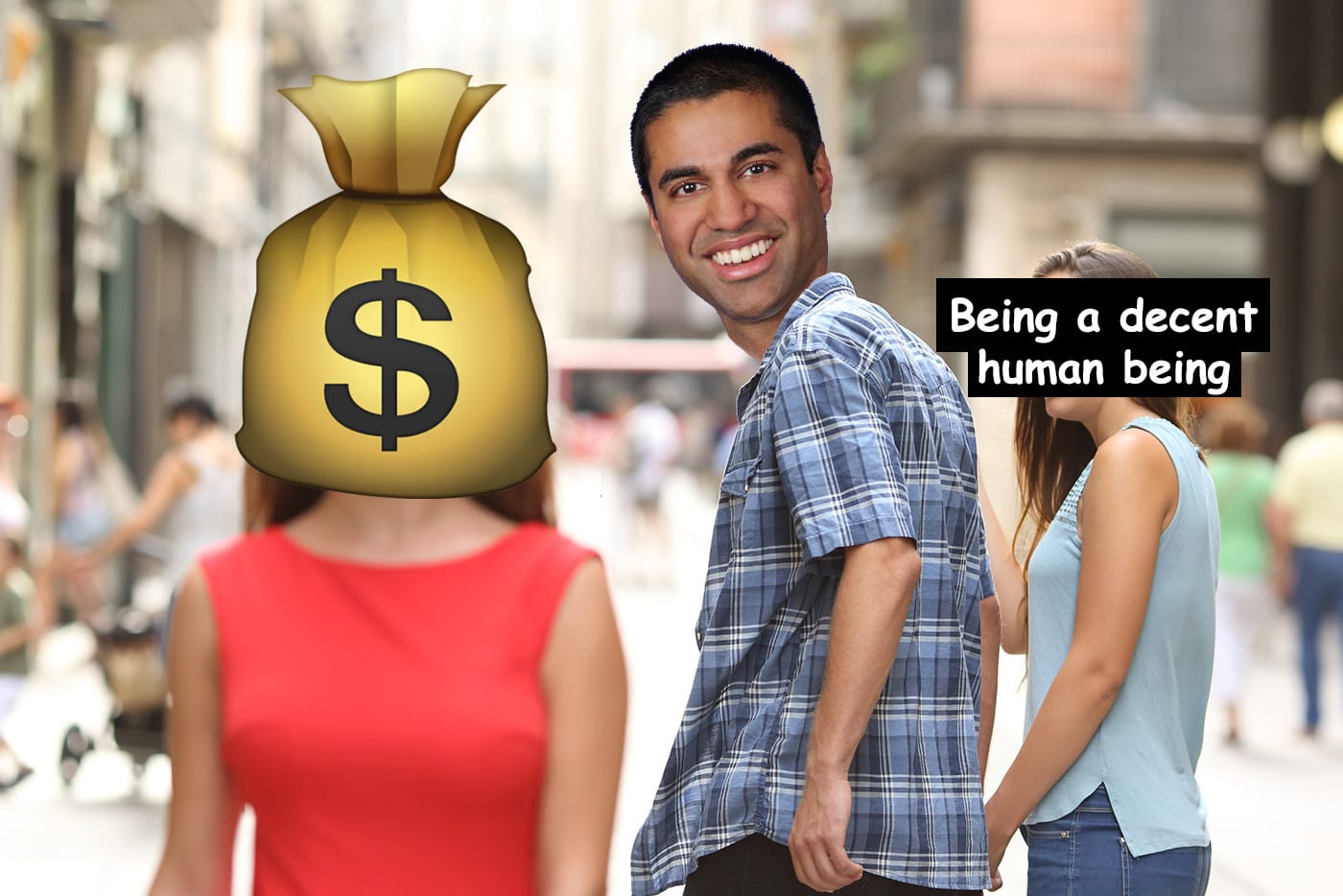 A version of the "distracted boyfriend" meme featuring Federal Communications Commission chairman Ajit Pai (Benjamin Sutton/Hyperallergic)